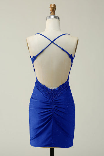 Sheath Spaghetti Straps Royal Blue Short Ball Dress with Appliques